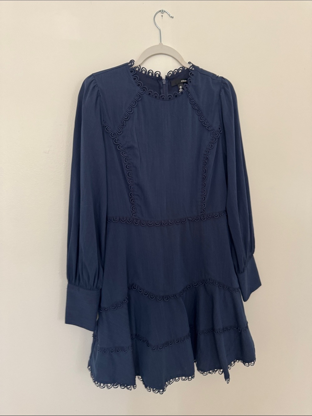 Aqua Navy Blue Midi Dress with Scalloped Trim
